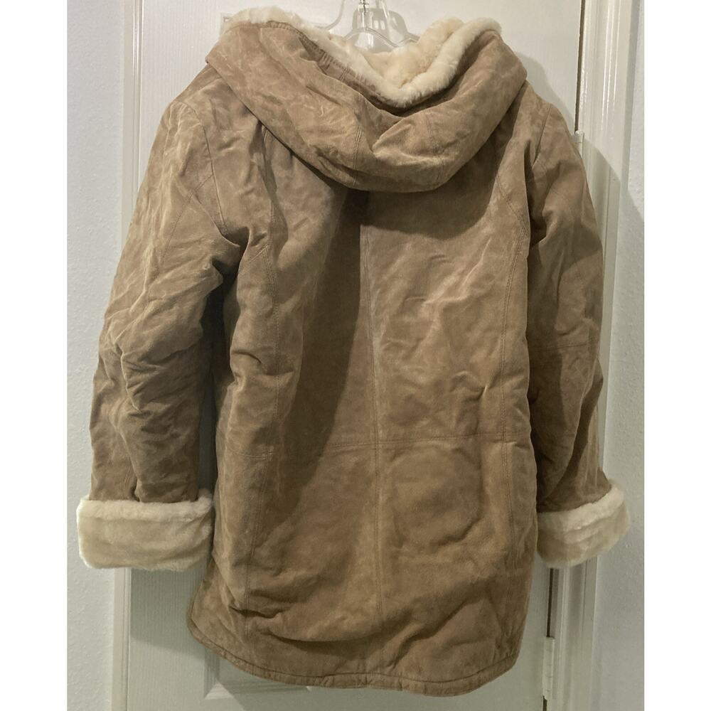 St John’s Bay Tan Washable Suede Leather Faux Fur Coat Size Large Hood Outerwear - Picture 2 of 6